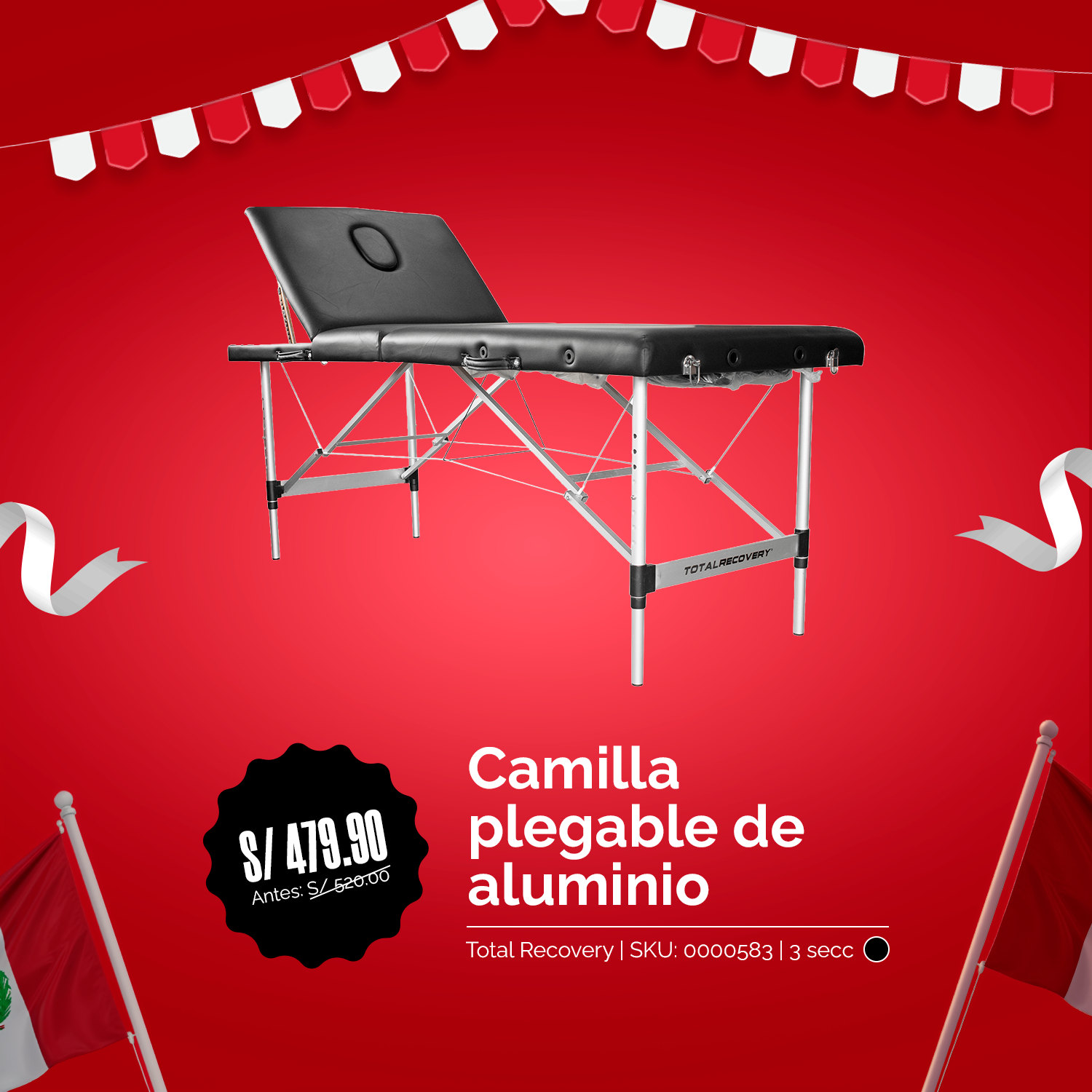 Camilla Plegable De Aluminio De 3 Secciones - Negro (Económica) TOTAL RECOVERY - Fiestas Patrias