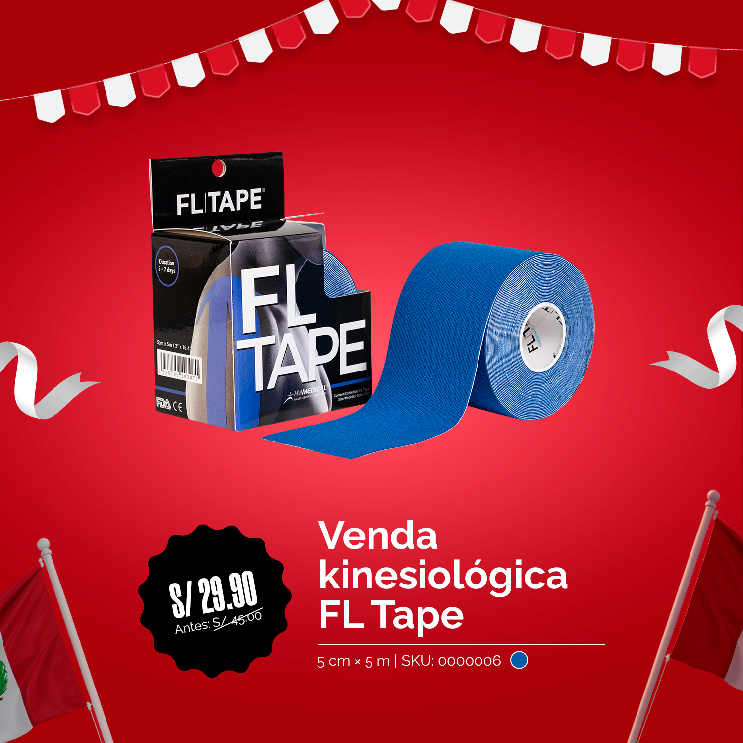 Venda Kinesiológica 5 Cm X 5 M - Azul FL TAPE - Fiestas Patrias